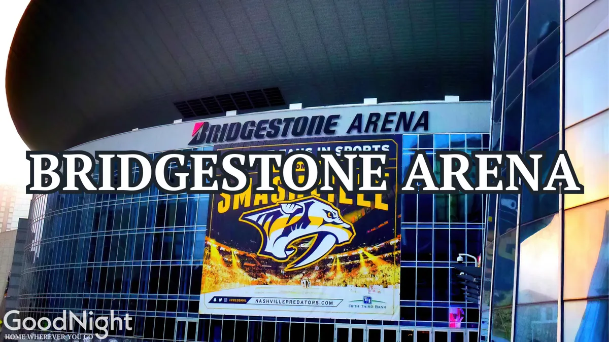 The exterior of Bridgestone Arena, showcasing the recognizable signage and glass front, with banners highlighting Nashville Predators games and live performances. There is a palpable sense of excitement and city life.